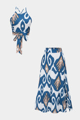Abstract Print Satin Crossed Tie Back Cami Top And Skirt Set