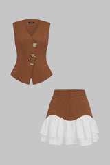 Asymmetrical Button Vest And Patchwork Ruffle Mini Skirt Set