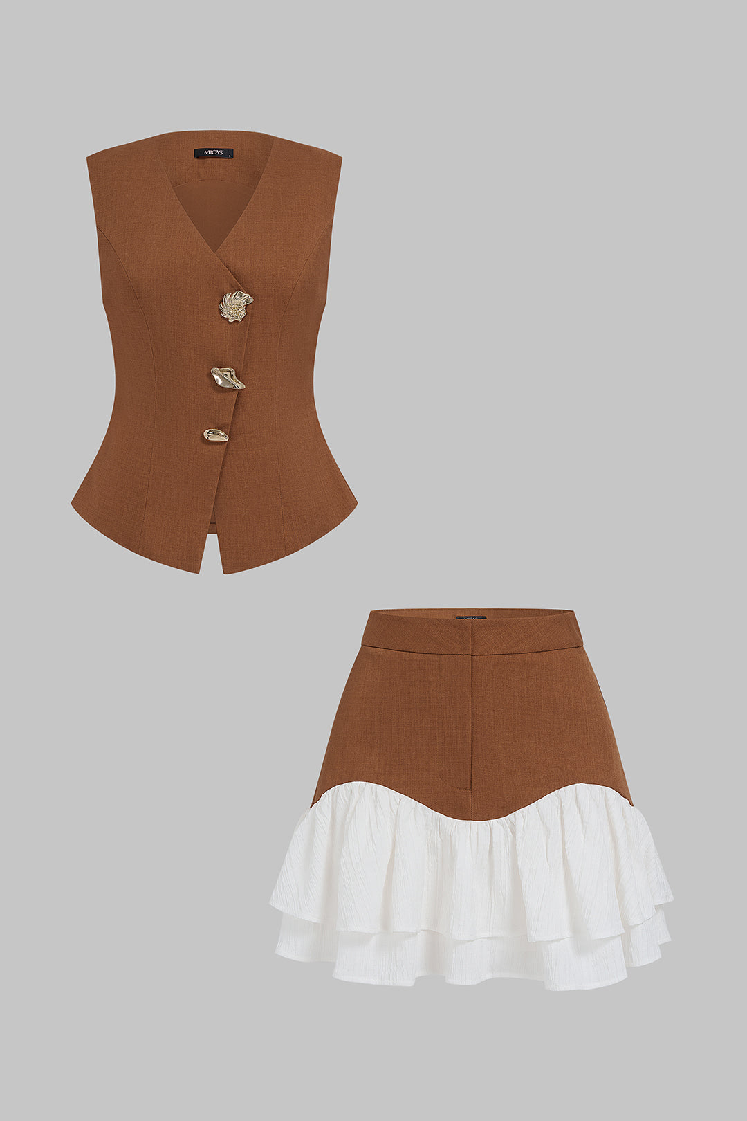 Asymmetrical Button Vest And Patchwork Ruffle Mini Skirt Set