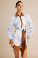 Contrast Leaves Print Satin Tie Front Long Sleeve Mini Dress