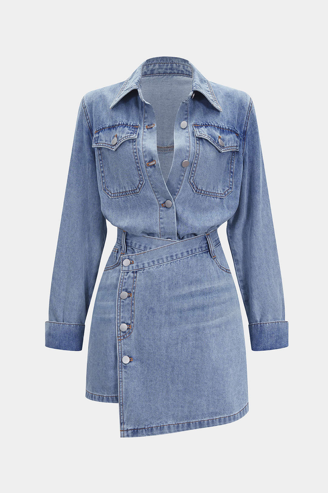 Denim Button Long-Sleeve Top And High Waist Mini Skirt Set