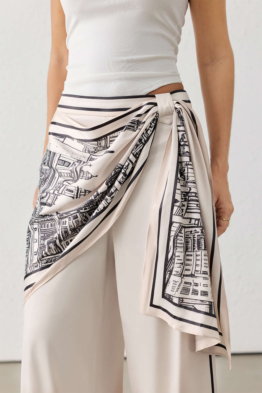 Artistic Print Satin Ruched Asymmetrical Wide Leg Pants