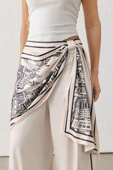 Artistic Print Satin Ruched Asymmetrical Wide Leg Pants