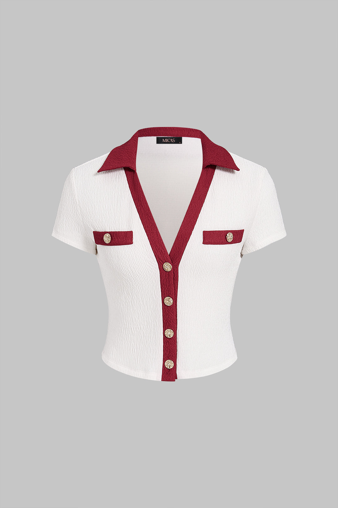 Contrast Trim Textured Button Short Sleeve Top