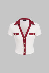Contrast Trim Textured Button Short Sleeve Top