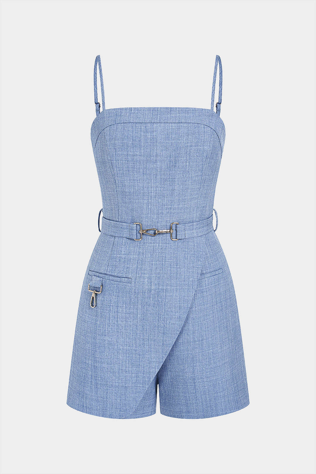 Belted Pocket Asymmetrical Slip Sleeveless Romper