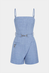 Belted Pocket Asymmetrical Slip Sleeveless Romper