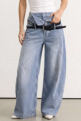 Denim Belted Frayed High Waist Zipper Wide Leg Jeans