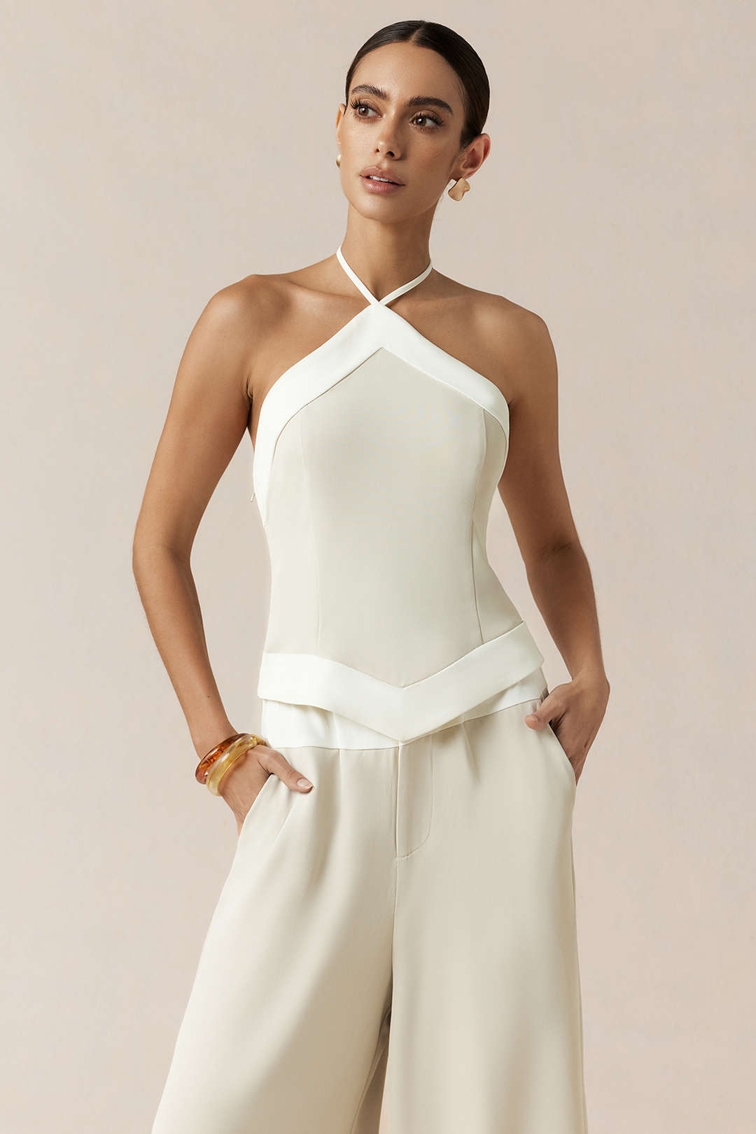 Contrast Halter Neck Tie-Up Backless Cami Top