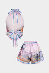Artistic Floral Print Halter Neck Tie-Up Top And Shorts Set