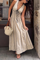 Contrast Binding V-Neck Tie-Up Sleeveless Maxi Dress