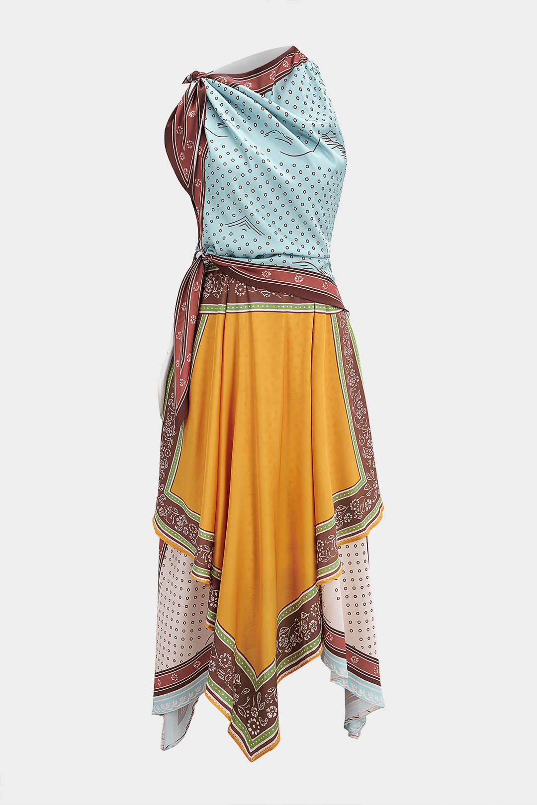 Contrast Polka Dots Print Tie-Up Asymmetrical Sleeveless Midi Dress