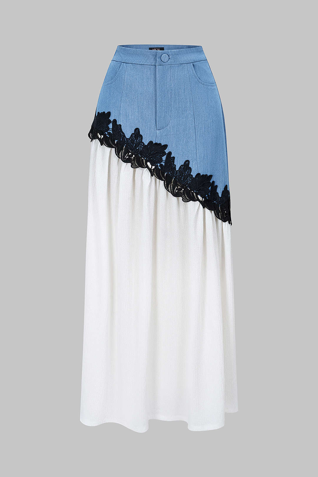 Denim Patchwork Lace Trim Asymmetrical Skirt