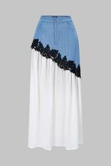 Denim Patchwork Lace Trim Asymmetrical Skirt