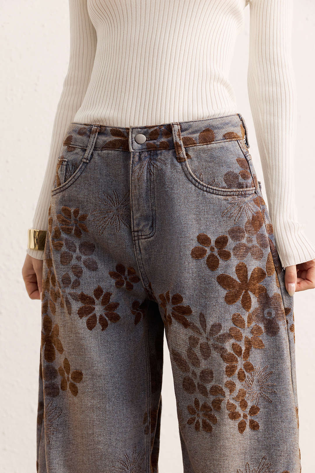 Denim Floral Print High-Waist Pocket Jeans