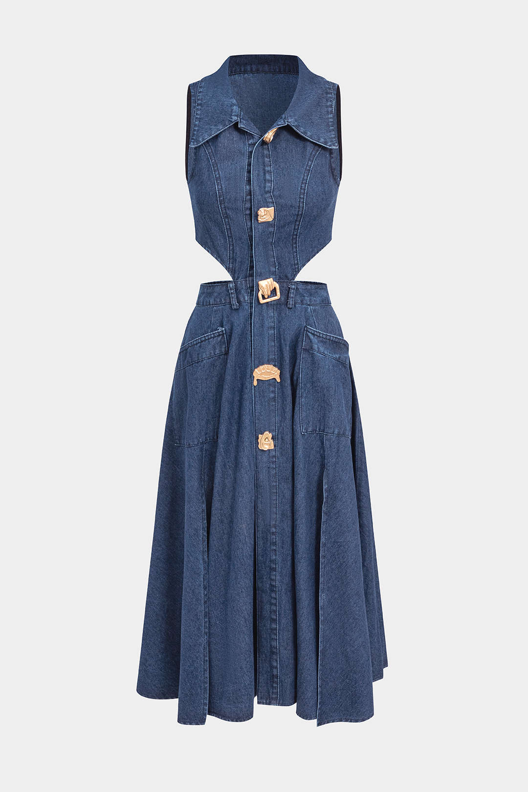 Denim Button Cut Out Midi Dress
