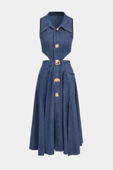 Denim Button Cut Out Midi Dress