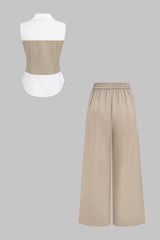 Contrast Metallic Button Vest And Wide Leg Pants Set