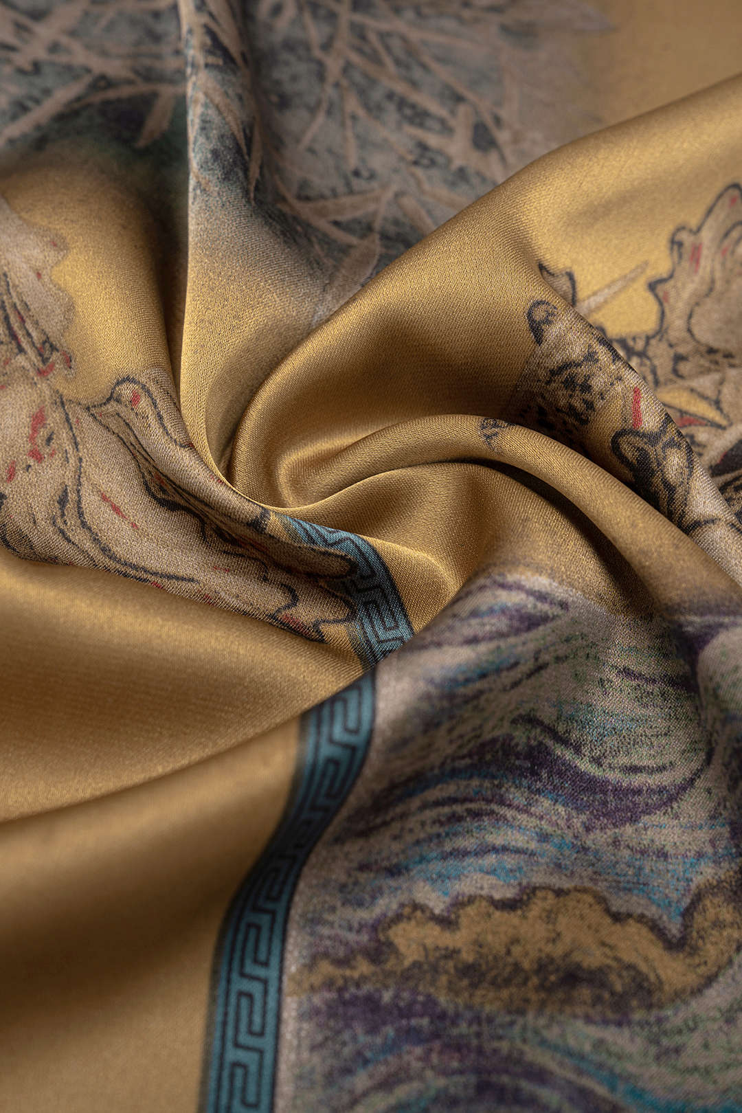 Abstract Print Satin Shirred Waistband Wide Leg Pants