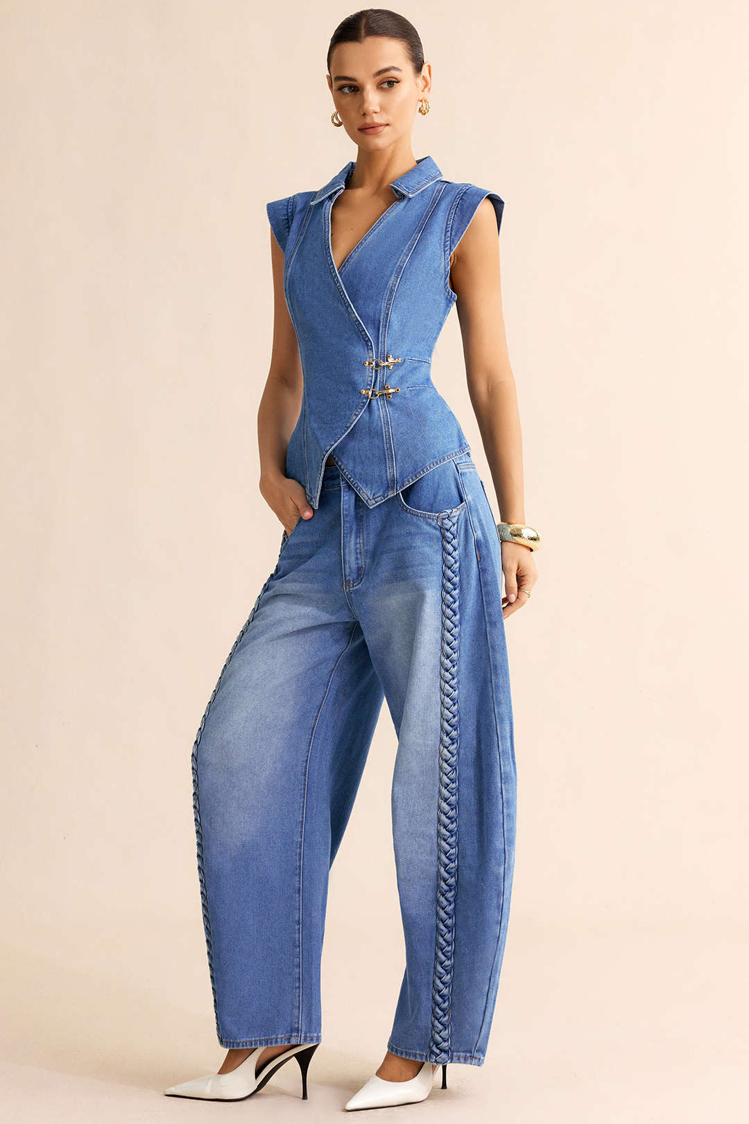 Denim Lapel V-Neck Wrap Buckle Vest