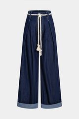 Denim Tie Front Ruched Straight Leg Jeans