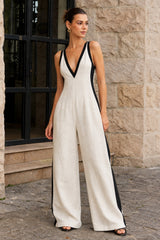 Contrast Binding V-Neck Wide Leg Jumpsuit