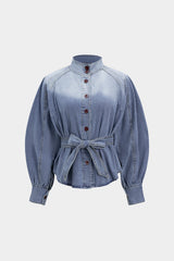 Denim Raglan Sleeve Button Strappy Belted Outerwear