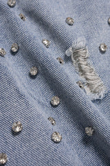 Denim Ripped Rhinestone Asymmetrical Shorts