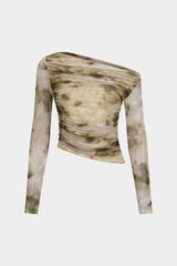 Abstract Print Mesh Off Shoulder Ruched Asymmetrical Long-Sleeve Top