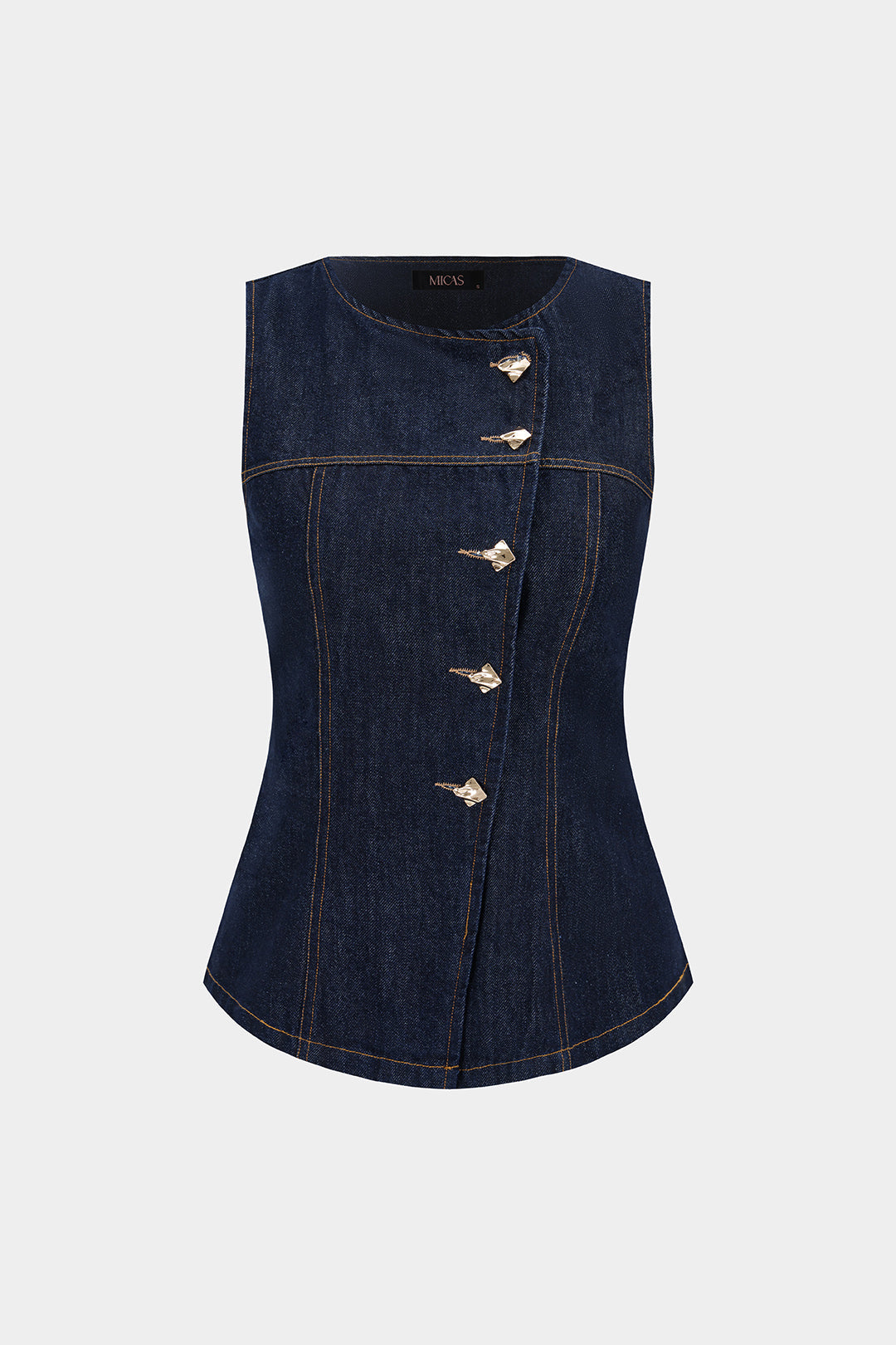 Denim Round Neck Asymmetrical Metallic Button Tank Top