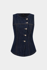 Denim Round Neck Asymmetrical Metallic Button Tank Top