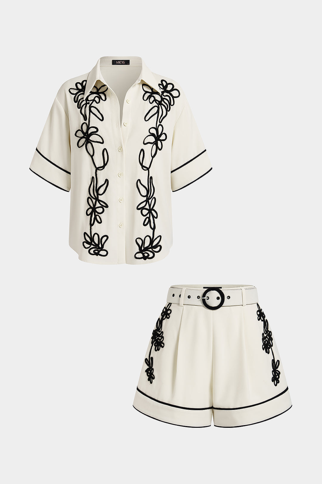 Contrast Flower Applique Short Sleeve Shirt And Belted Shorts Set