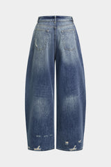 Denim Asymmetrical Frayed Barrel Jeans