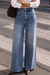 Denim Metallic Button Stitching Detail Wide-Leg Jeans