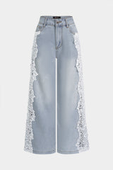 Denim Lace Trim Patchwork Pocket Jeans