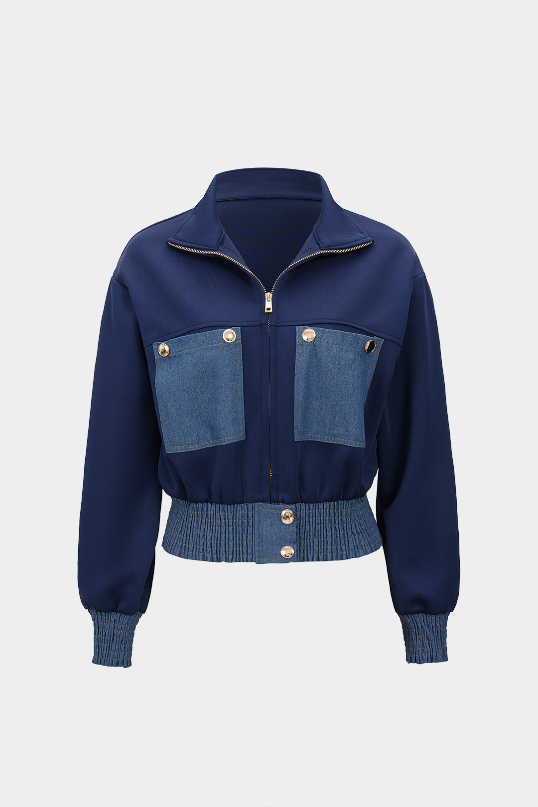 Contrast Print Denim Patchwork Smocked Zipper Jacket