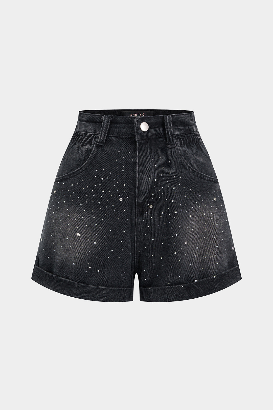 Denim Rhinestone Wide Leg High Waist Shorts