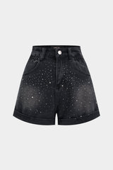Denim Rhinestone Wide Leg High Waist Shorts