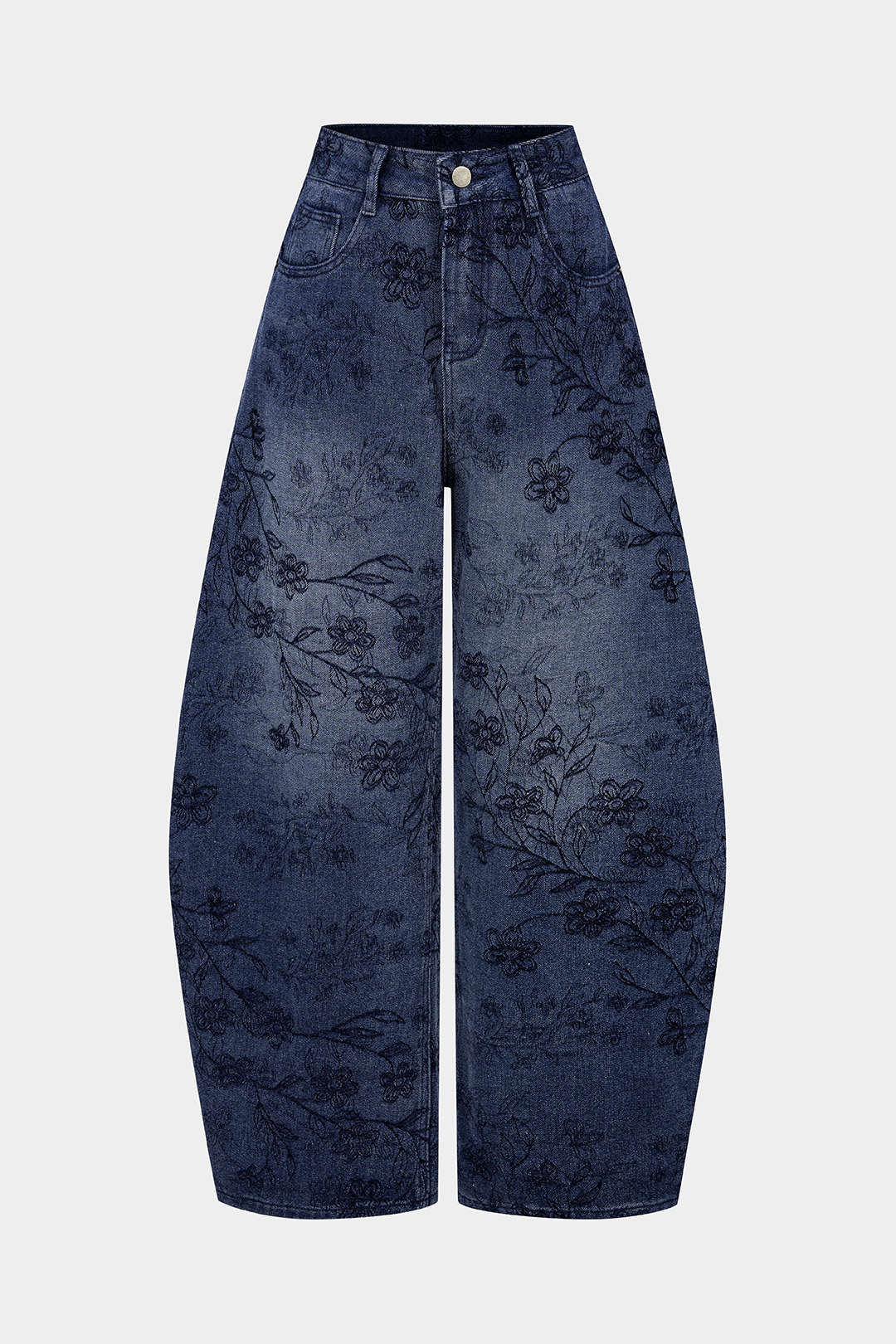Denim Floral Print Zipper Barrel Jeans