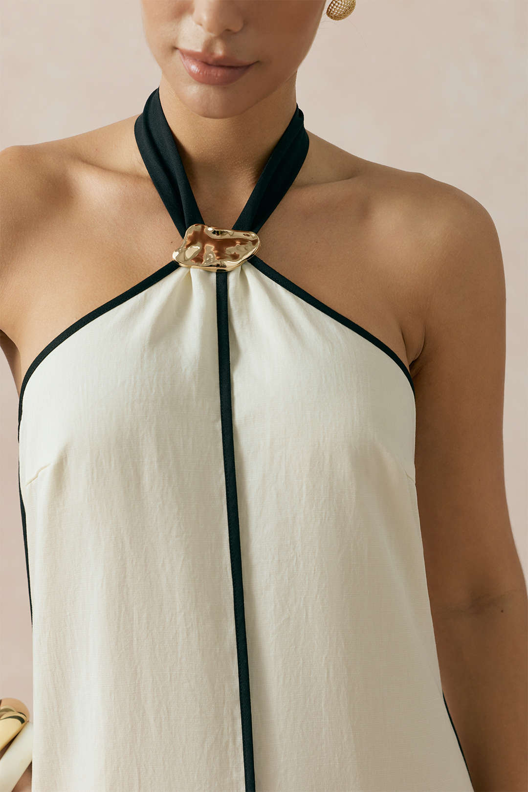 Contrast Trim Linen Halter Neck Tie Back Metallic Sleeveless  Maxi Dress