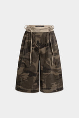 Denim Camo Print Tie Up Pocket Shorts