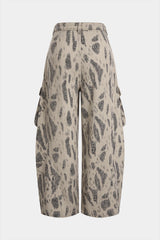 Denim Leopard Print Pleated Zipper Wide Leg Jeans
