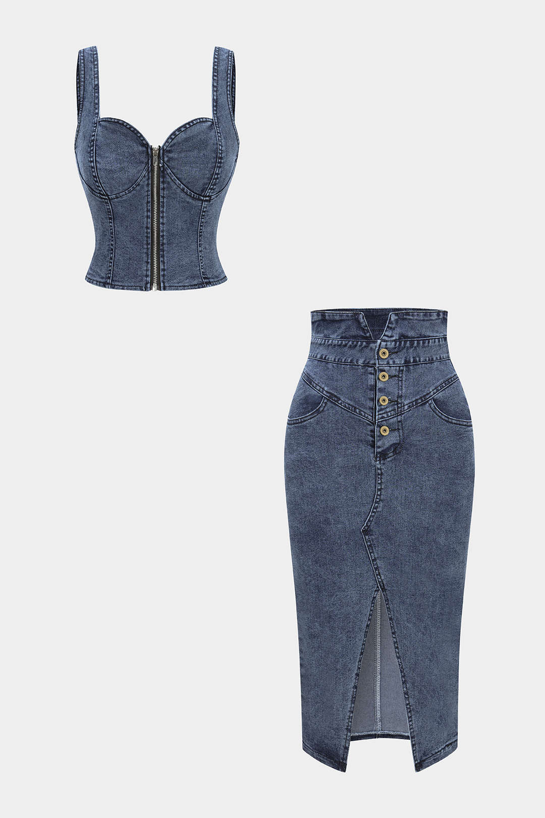 Denim Zipper Cami Top And Pocket Button Skirt Set