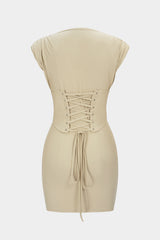 Belted Tie Back Shoulder Pads Sleeveless Mini Dress