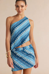 Color Block Print One Shoulder Tank Top And Skirt Set