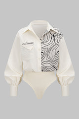 Abstract Print Patchwork Button Pocket Long Sleeve Bodysuit