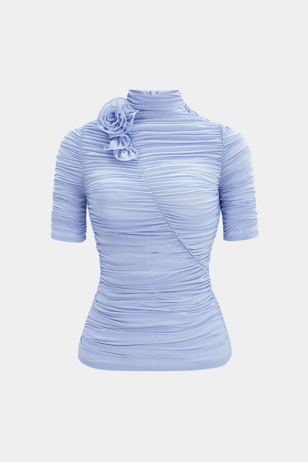 3D Flower Mock Neck Ruched Zipper Short Sleeve T-shirt