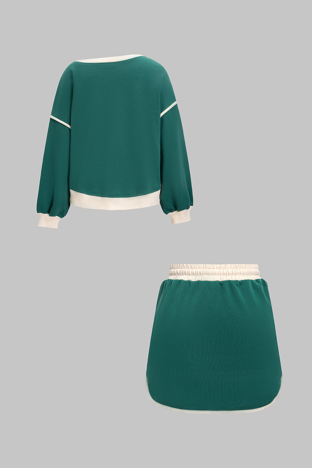 Contrast Binding Long-Sleeve Top And Drawstring Skirt Set