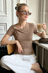 Asymmetrical Metallic Ruched Short Sleeve T-Shirt