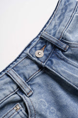 Denim Artistic Print Rhinestone Straight Leg Jeans